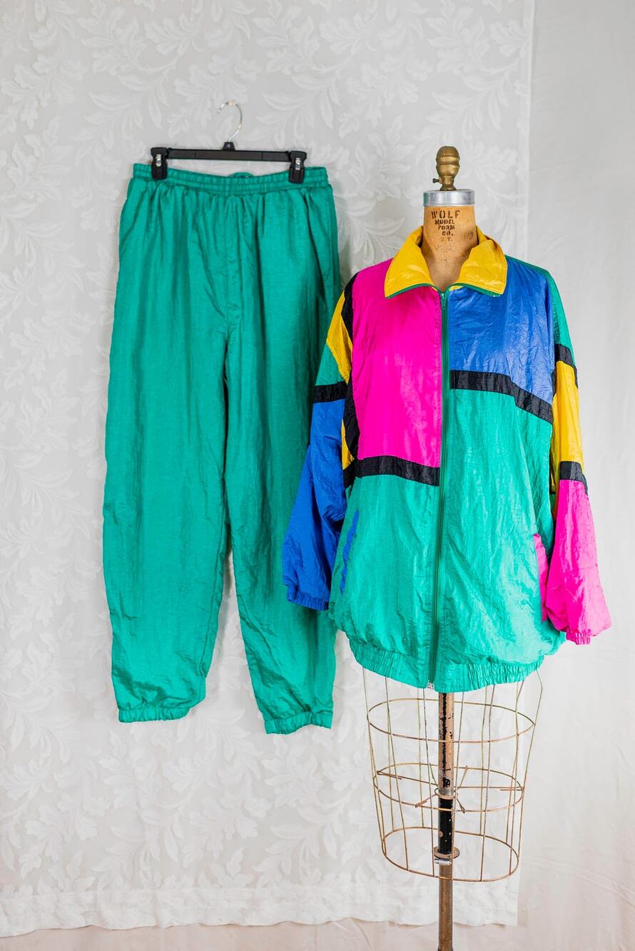 Vintage 80s 90s Colorblock Windbreaker Tracksuit Teal Pink Jacket Pants Set, 18W